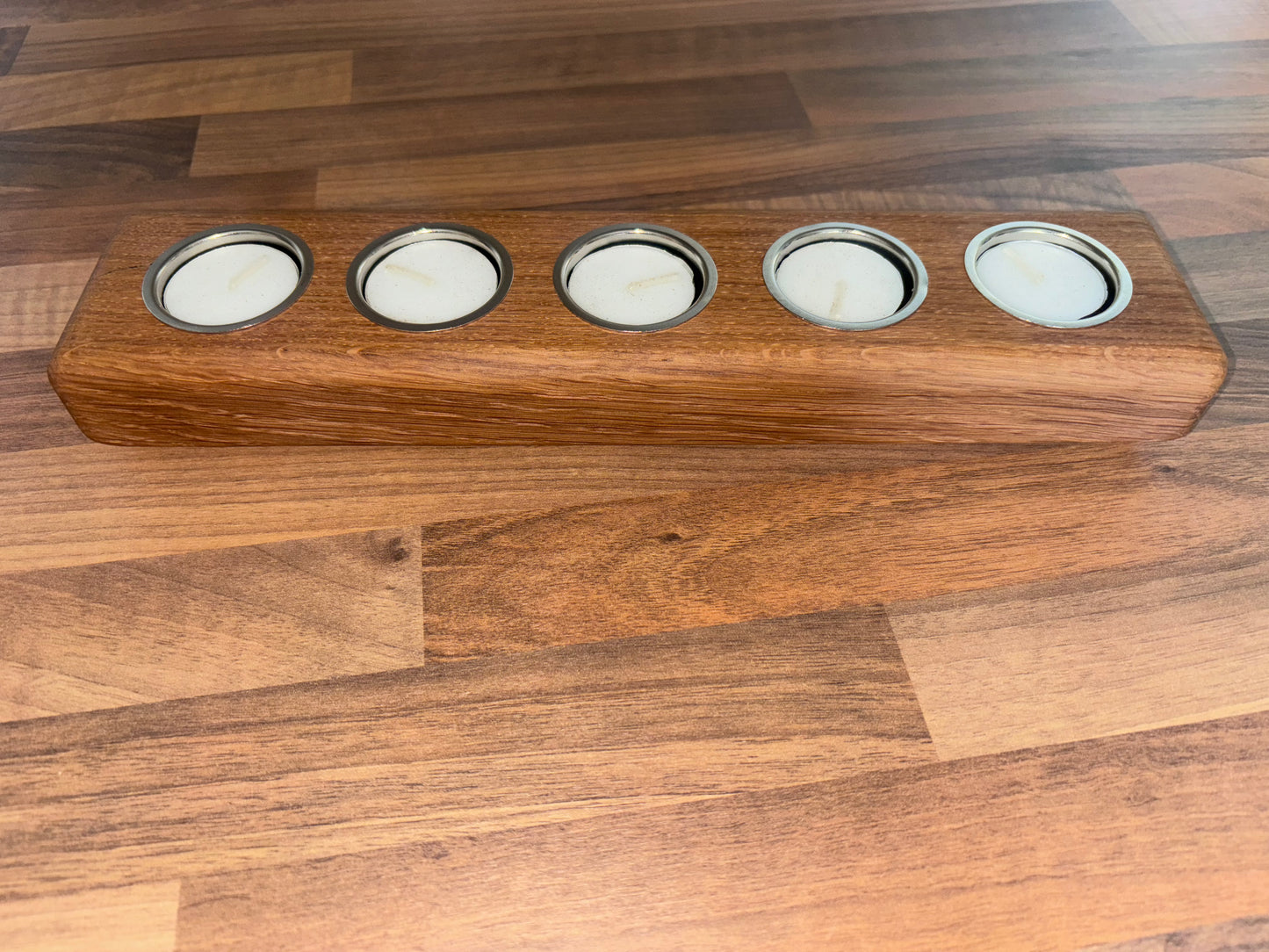 Handmade Oak Tea Light Candle Holder: Rustic Home Decor, Includes 5 Tea Lights
