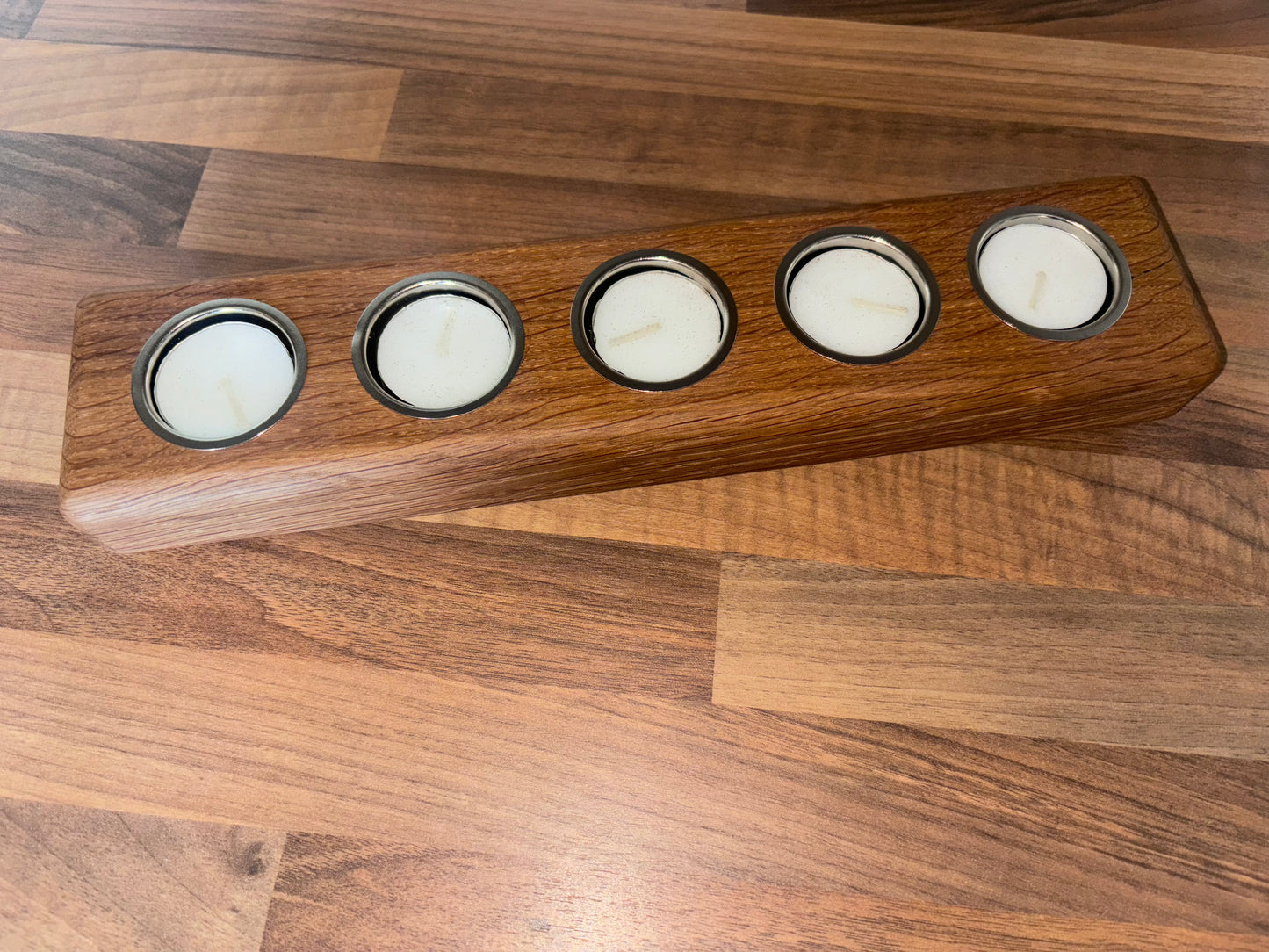 Handmade Oak Tea Light Candle Holder: Rustic Home Decor, Includes 5 Tea Lights