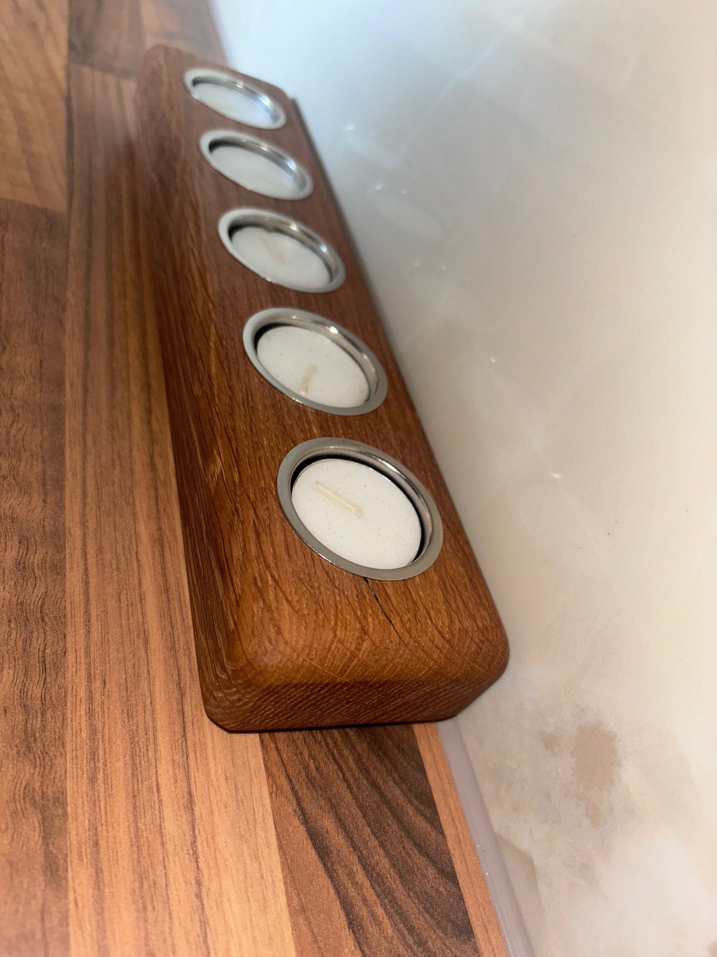 Handmade Oak Tea Light Candle Holder: Rustic Home Decor, Includes 5 Tea Lights