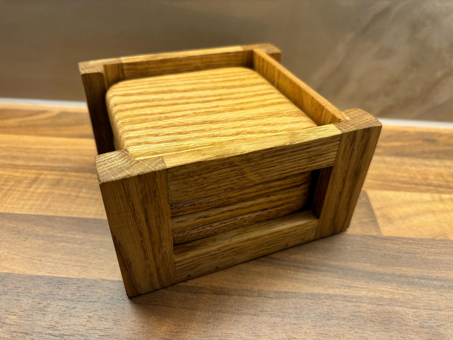 6pc Handmade Oak Coaster Set with Coaster Holder