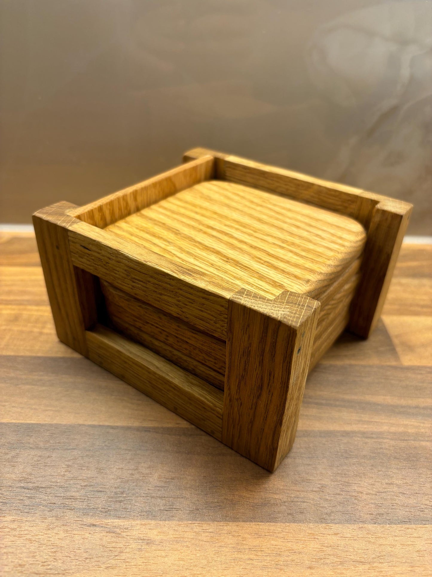 6pc Handmade Oak Coaster Set with Coaster Holder