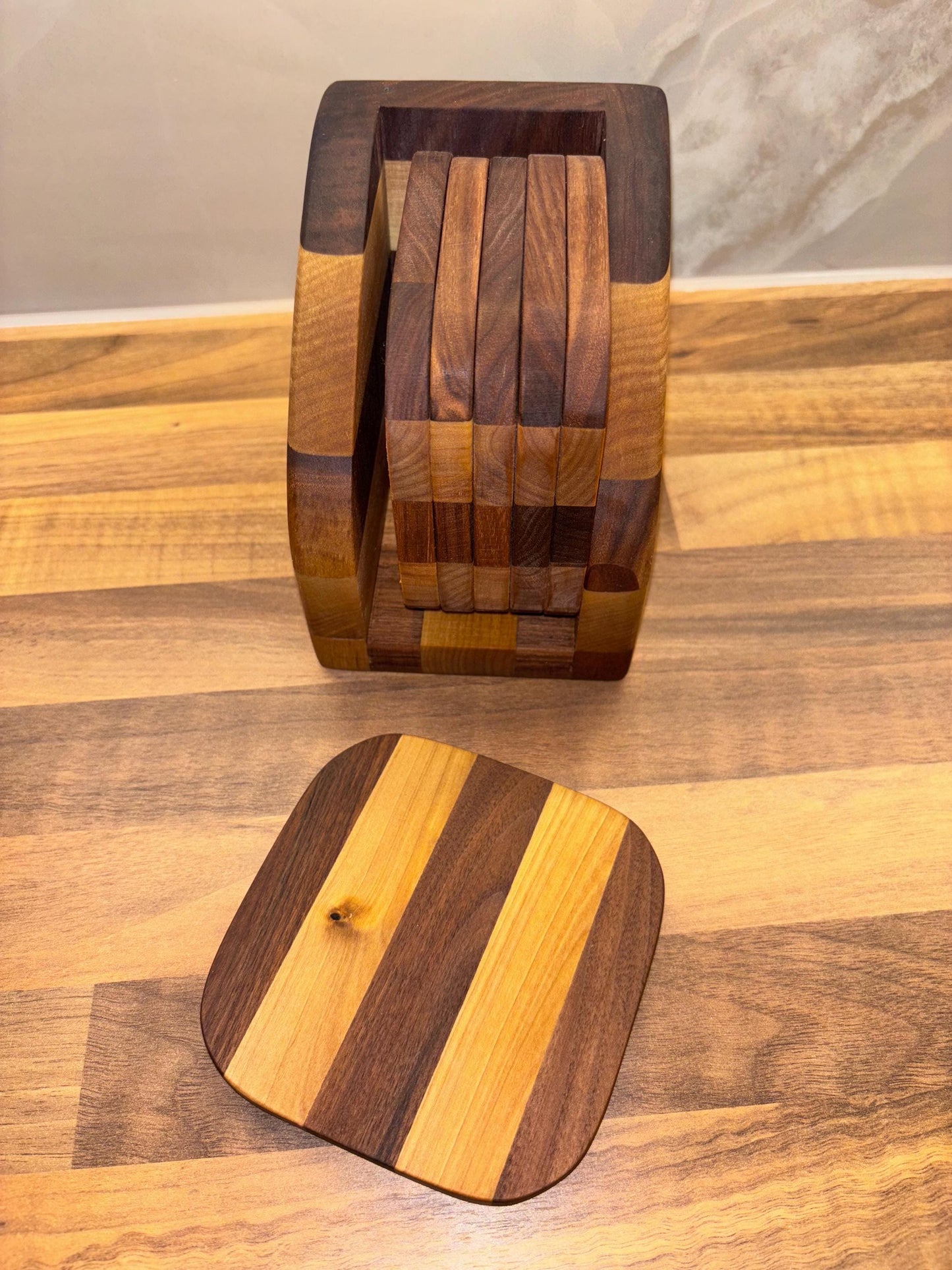 6pc Handmade American Black Walnut and Ash Hardwood Coaster Set with Coaster Holder