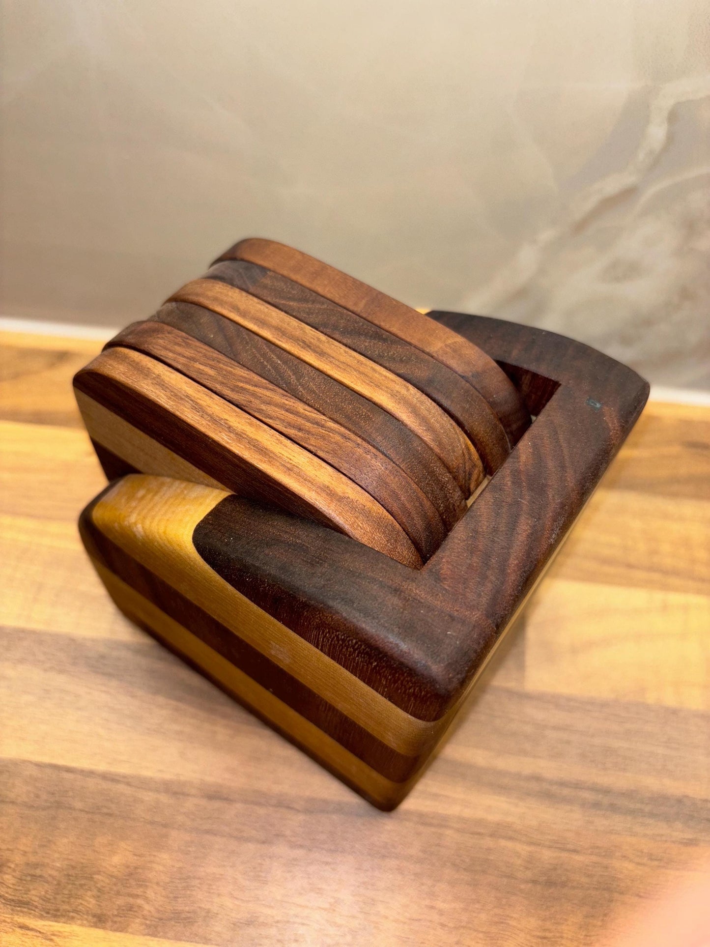 6pc Handmade American Black Walnut and Ash Hardwood Coaster Set with Coaster Holder