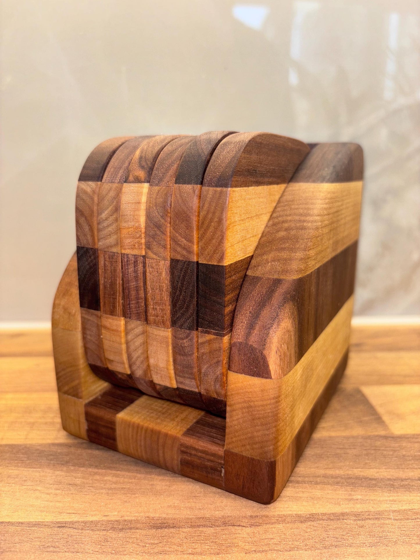 6pc Handmade American Black Walnut and Ash Hardwood Coaster Set with Coaster Holder