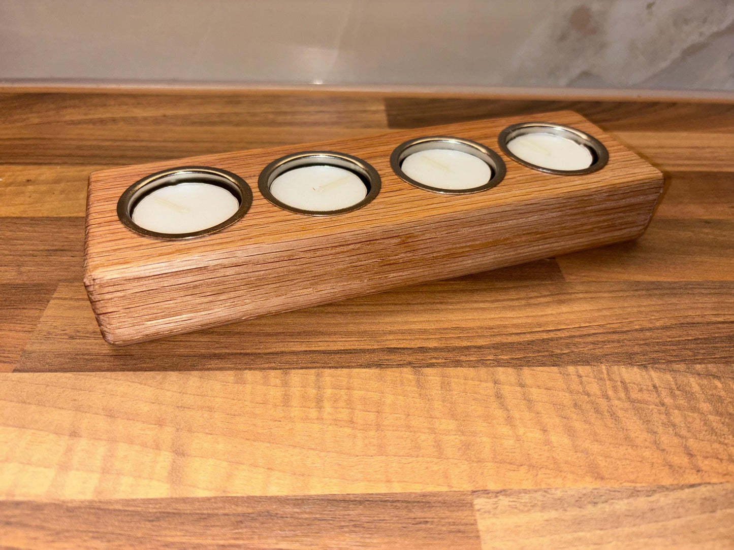 Handmade Oak Tea Light Candle Holder: Rustic Home Decor, Includes 4 Tea Lights