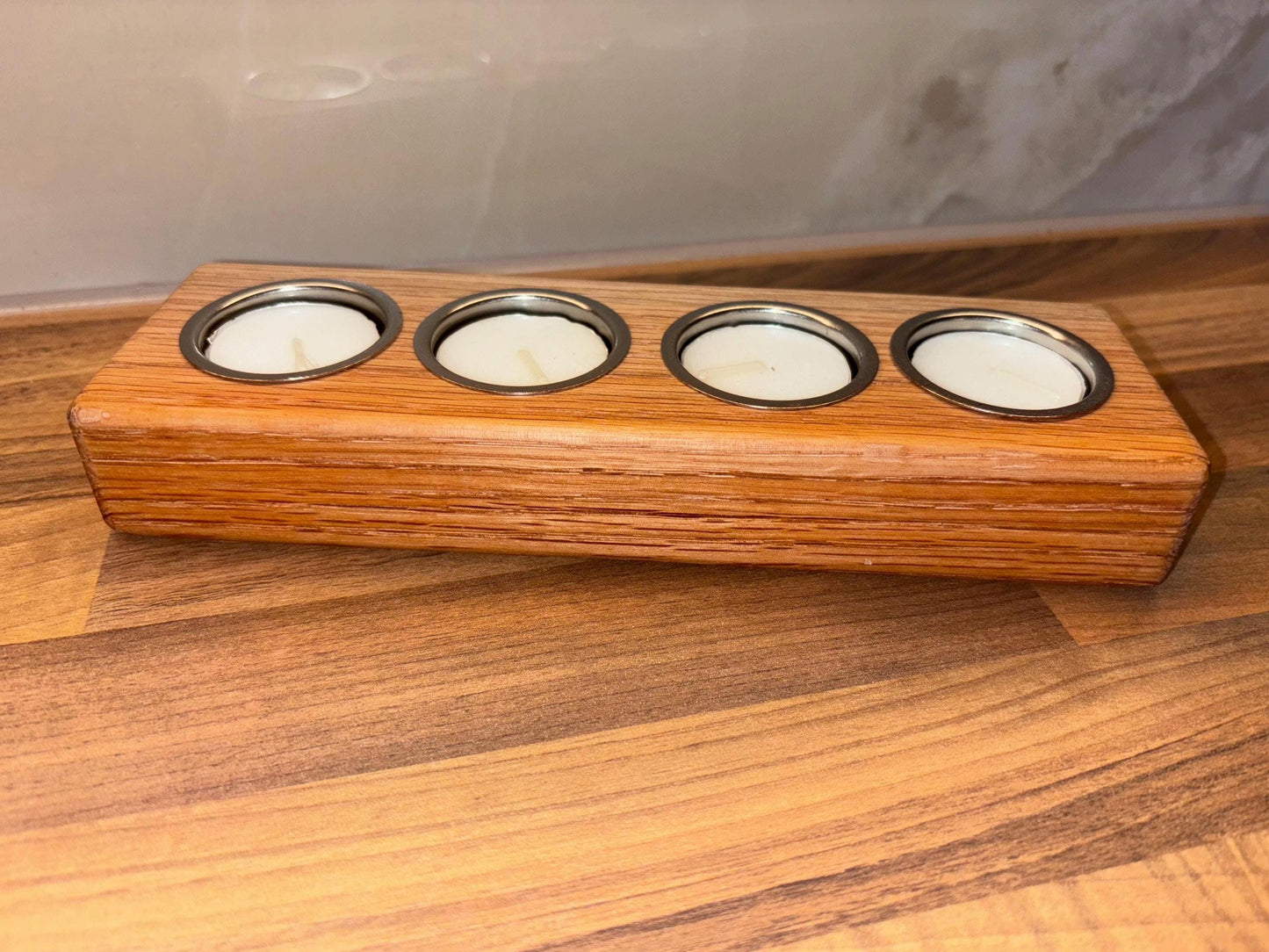 Handmade Oak Tea Light Candle Holder: Rustic Home Decor, Includes 4 Tea Lights