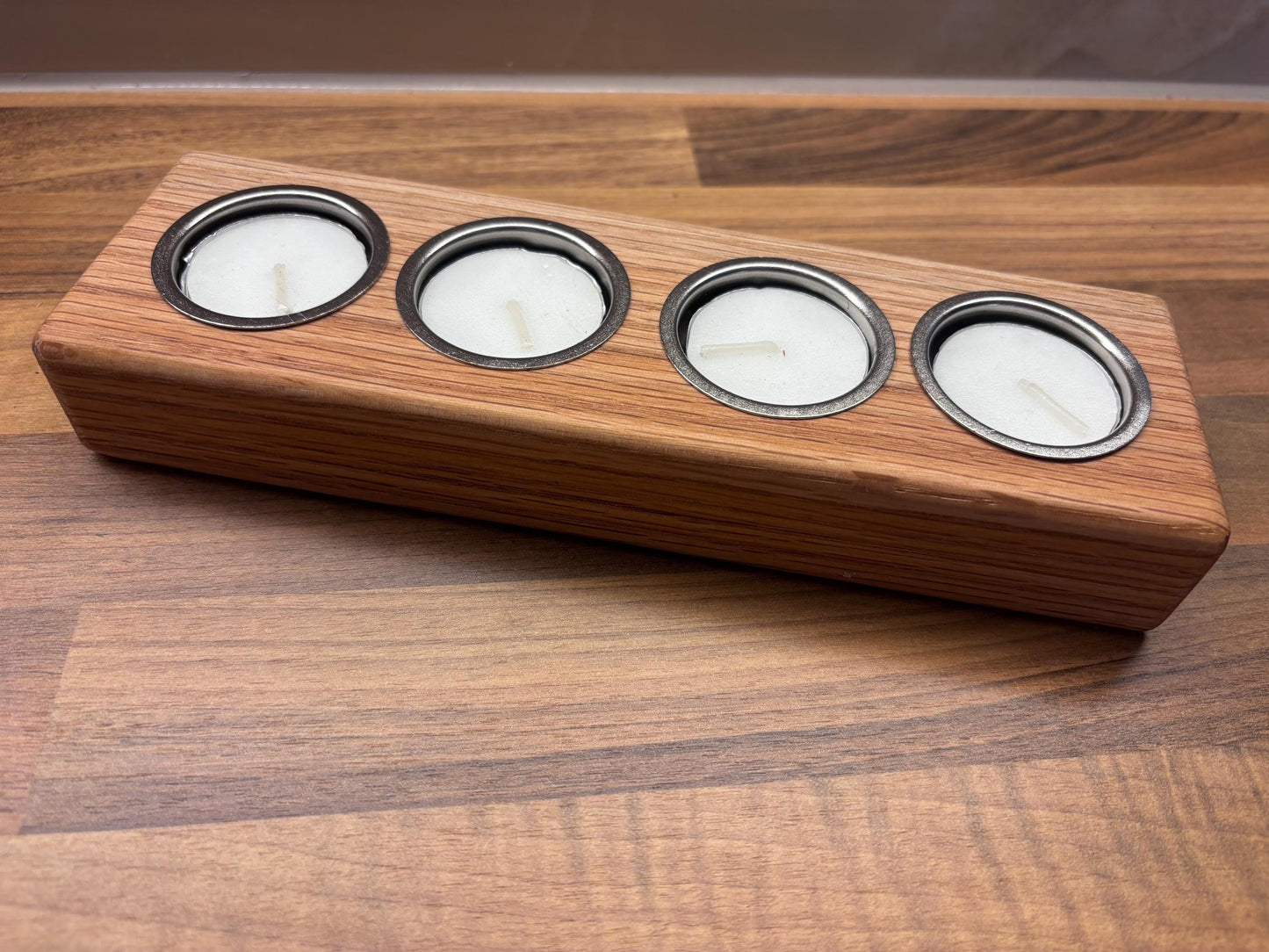 Handmade Oak Tea Light Candle Holder: Rustic Home Decor, Includes 4 Tea Lights