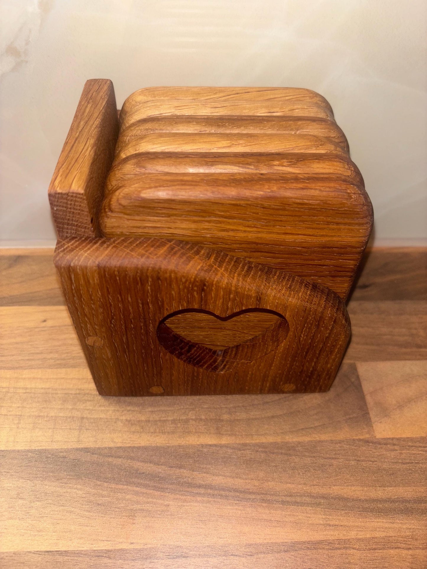 Handmade Oak Coaster Set with Love Heart Holder - Reclaimed Wood