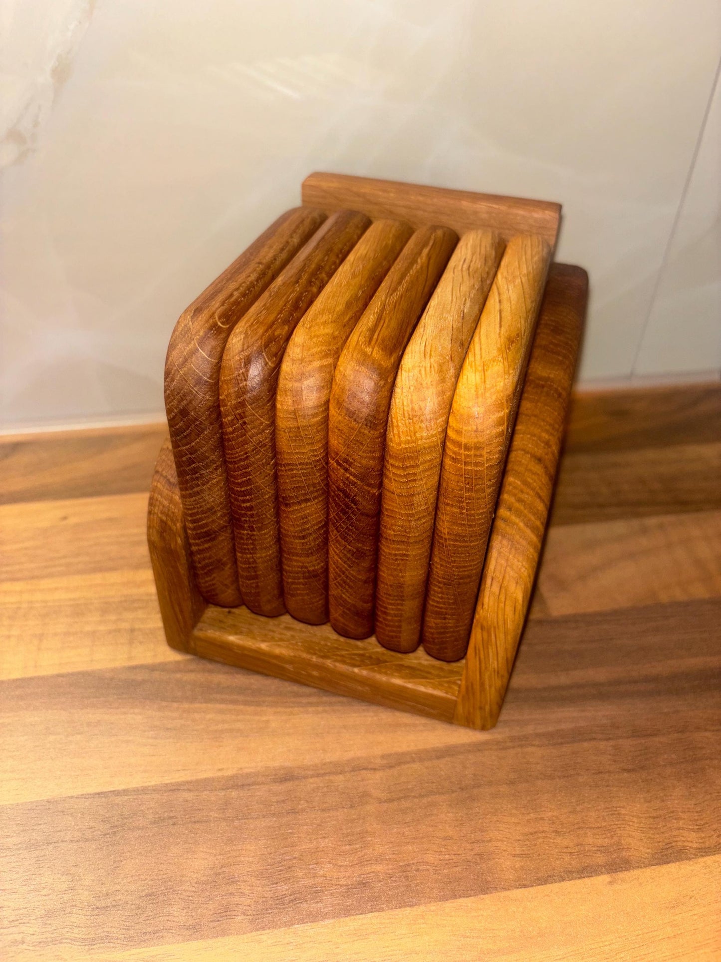 Handmade Oak Coaster Set with Love Heart Holder - Reclaimed Wood