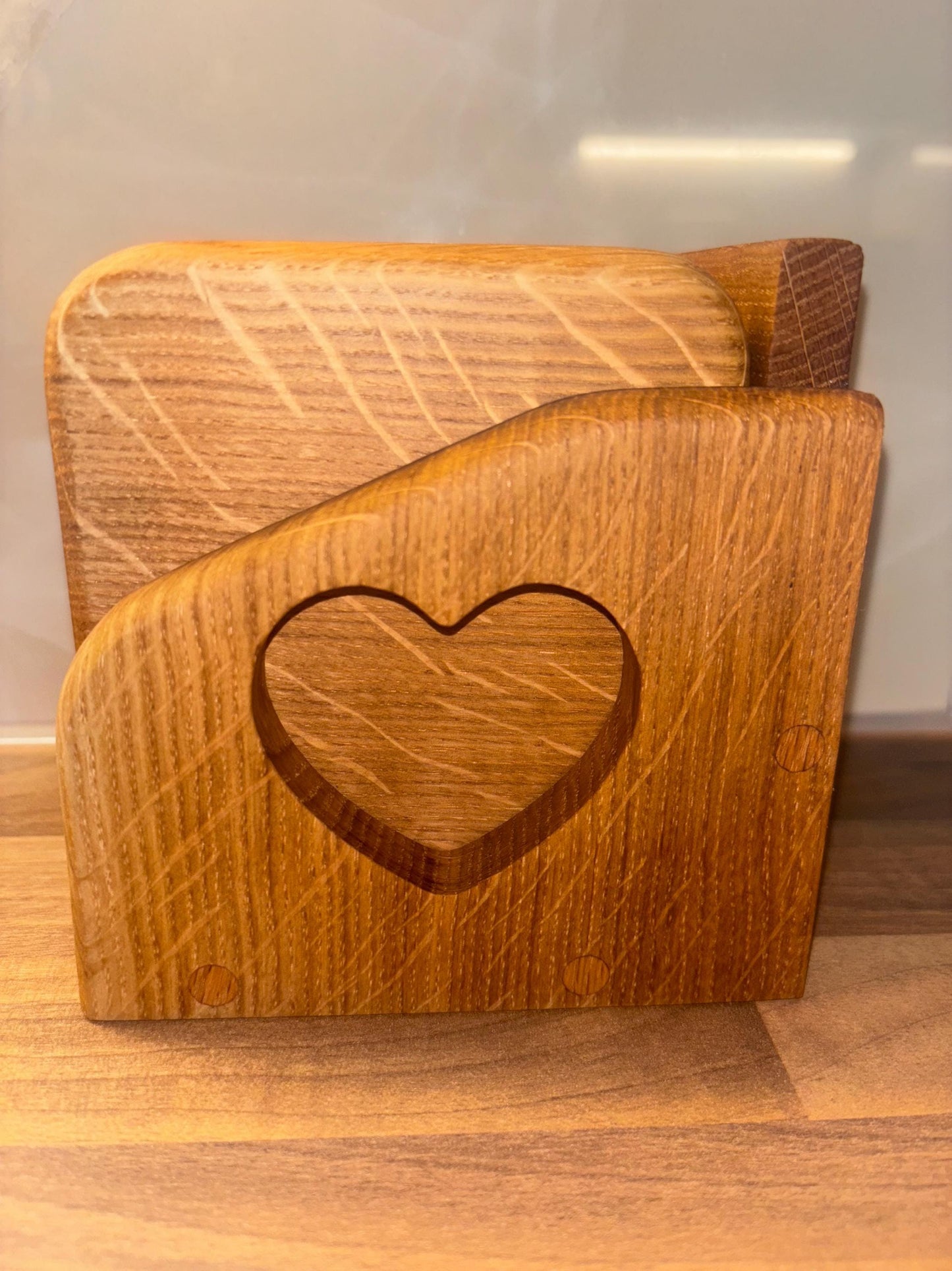 Handmade Oak Coaster Set with Love Heart Holder - Reclaimed Wood