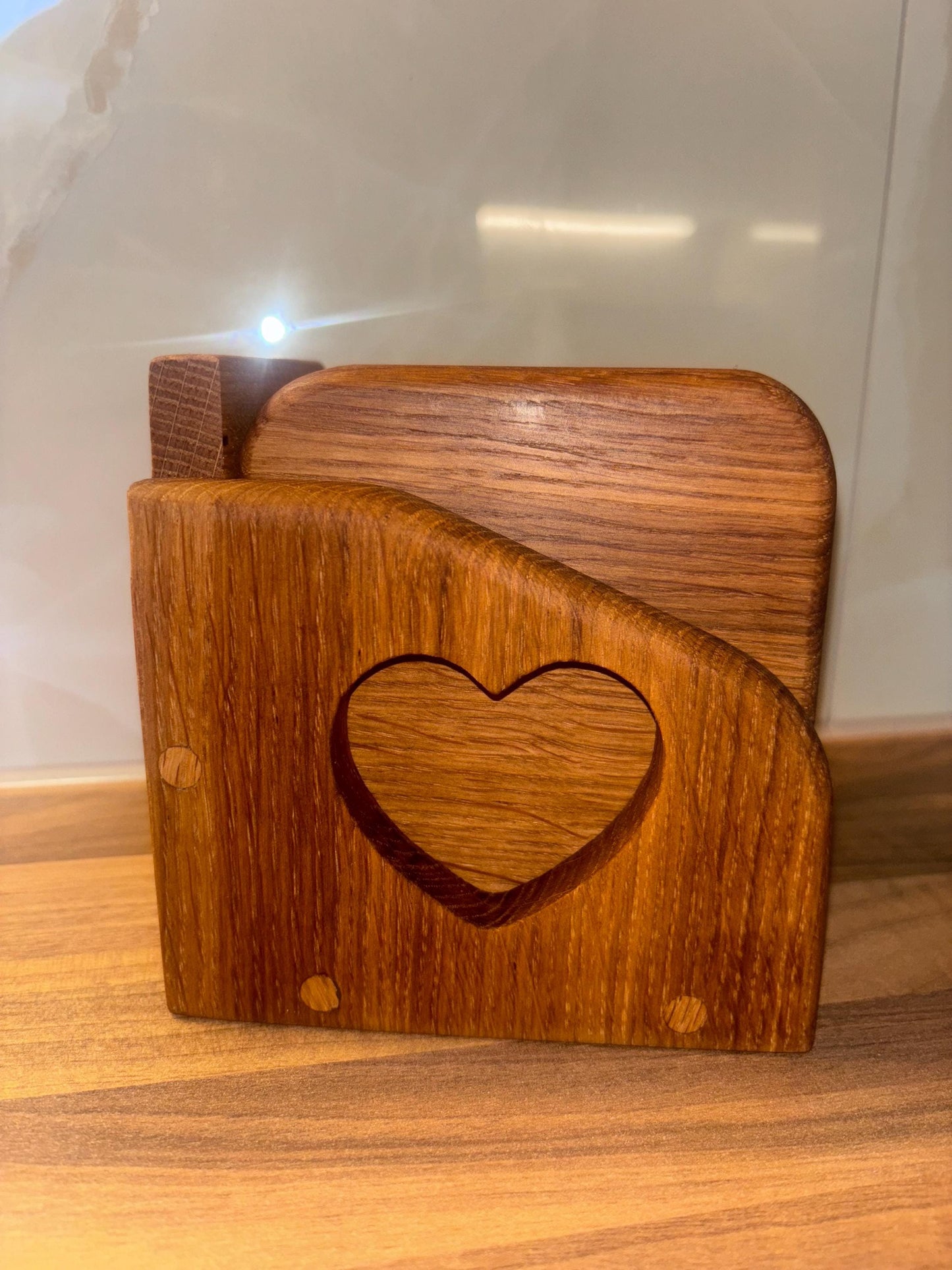 Handmade Oak Coaster Set with Love Heart Holder - Reclaimed Wood