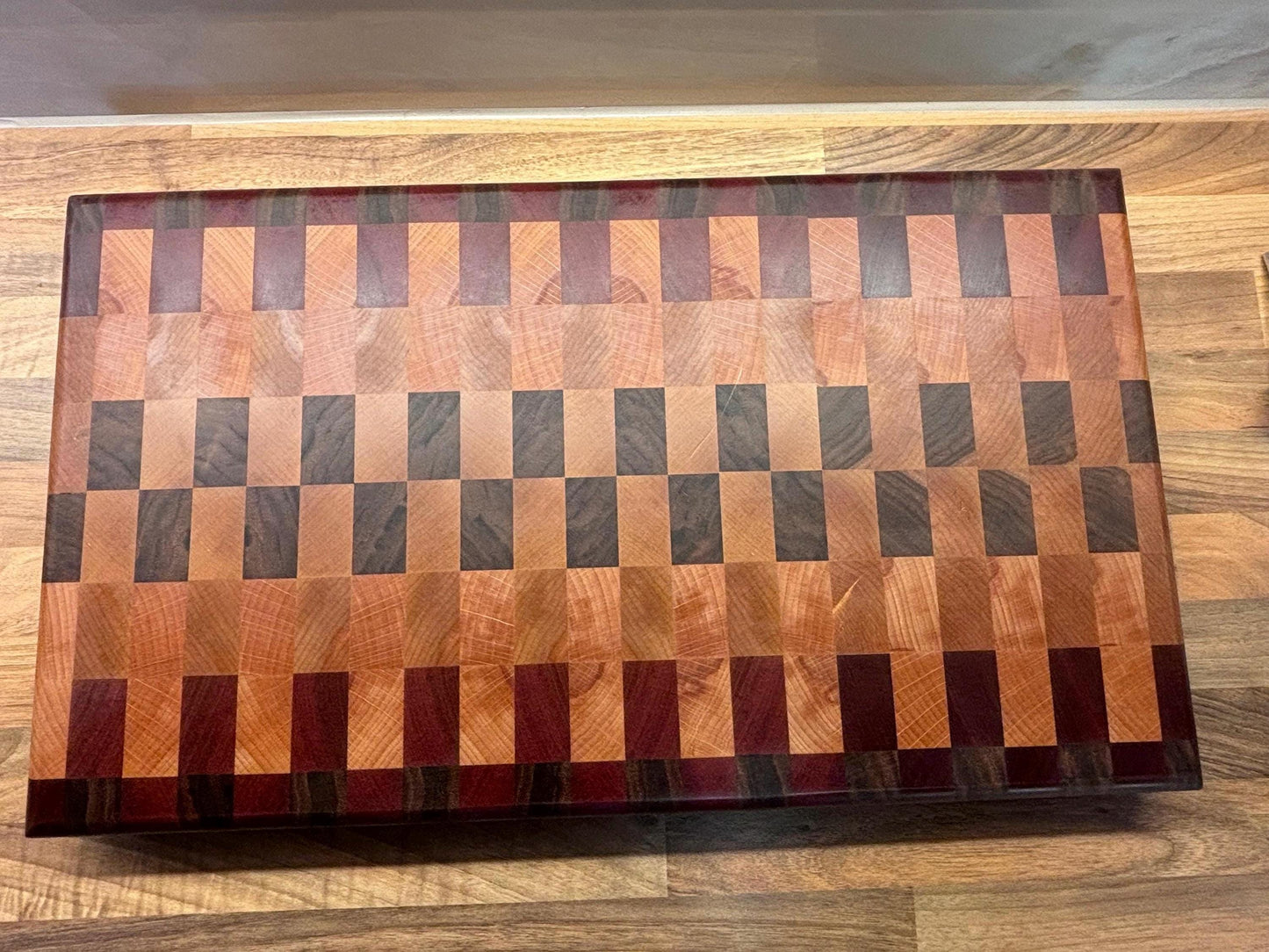 Handmade American Black Walnut, Beech, Maple and Sapele End Grain Chopping Board