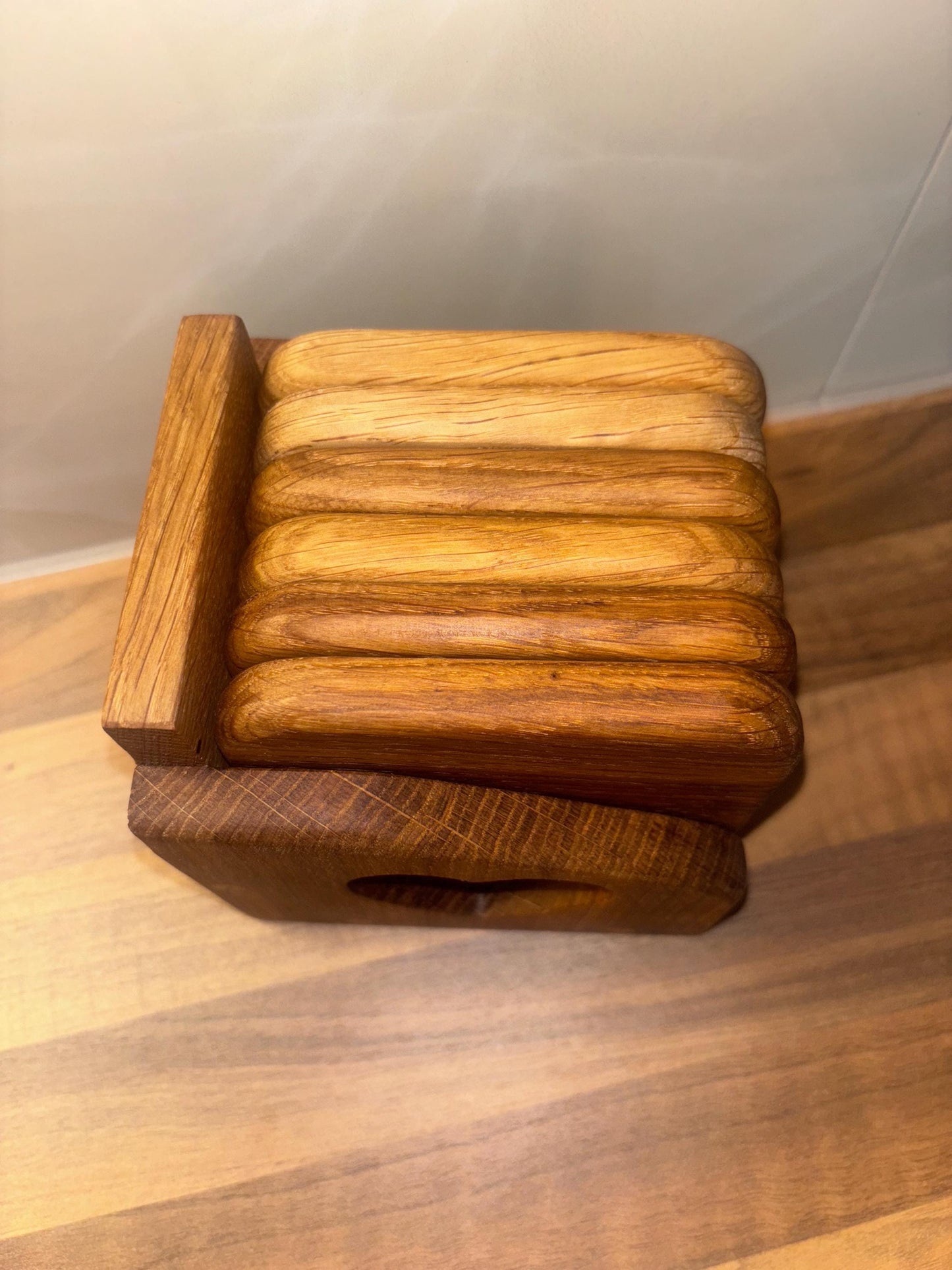 Handmade Oak Coaster Set with Love Heart Holder - Reclaimed Wood