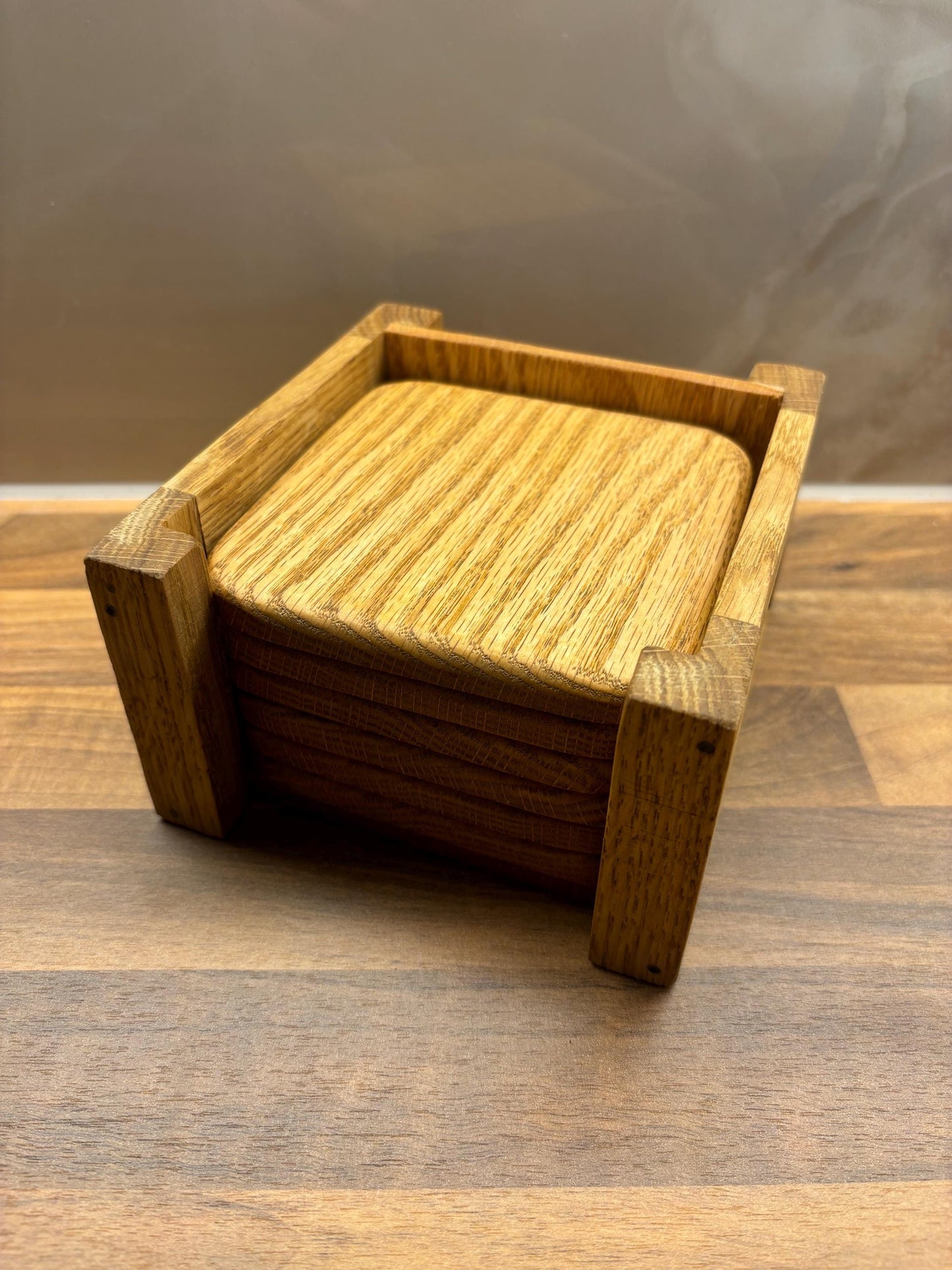 6pc Handmade Oak Coaster Set with Coaster Holder