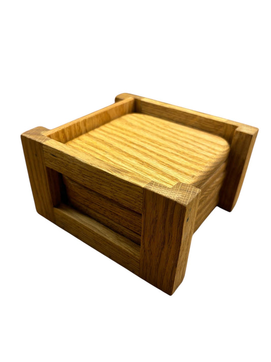 6pc Handmade Oak Coaster Set with Coaster Holder