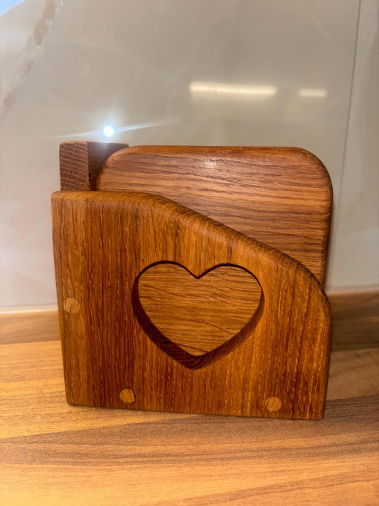 Handmade Oak Coaster Set with Love Heart Holder - Reclaimed Wood